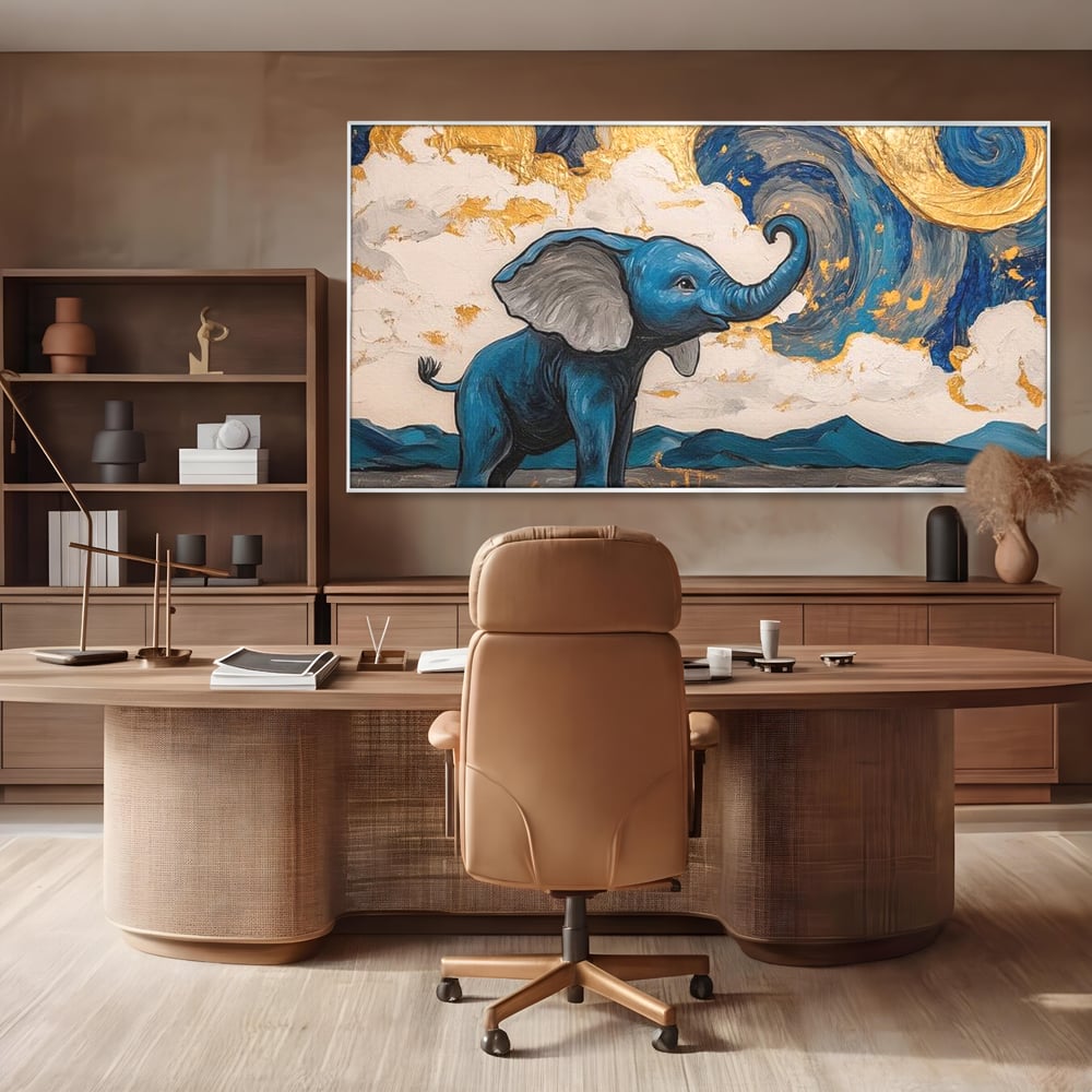 Tablou canvas cu tablou canvas cu elefant albastru, in rama de aluminiu argintiu, pe perete intr-un birou